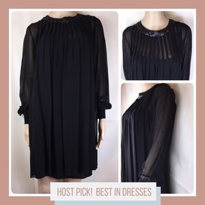 Theory Black Silk Long Sleeve Sheer Dress